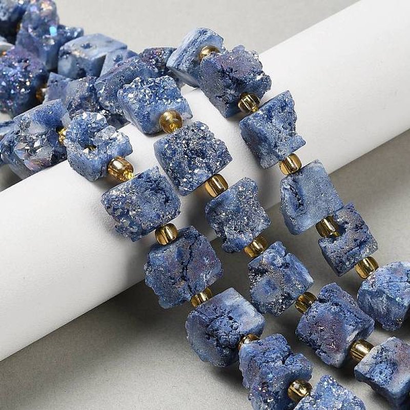 Brins de perles en agate druzy naturelle électroplaquée, cube, bleu acier — Perles à bijoux