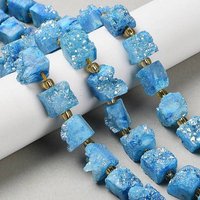 Brins de Perles en Agate Druzy Électroplaquée, Cube, Bleu Ciel Profond