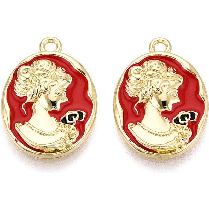 Rack Plating Alloy Enamel Oval Woman Pendant, Light Gold & Crimson — Charms & Pendants