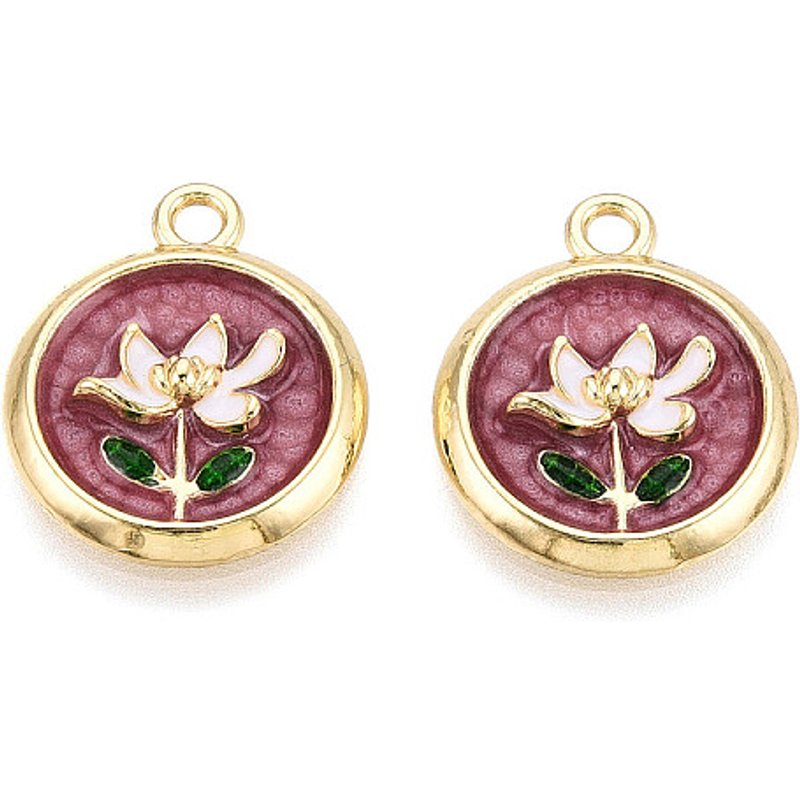 Pendants en Émail en Alliage de Plating Rack, Ronds et Fleurs, Or Clair, Rouge Indien — Breloques et pendentifs