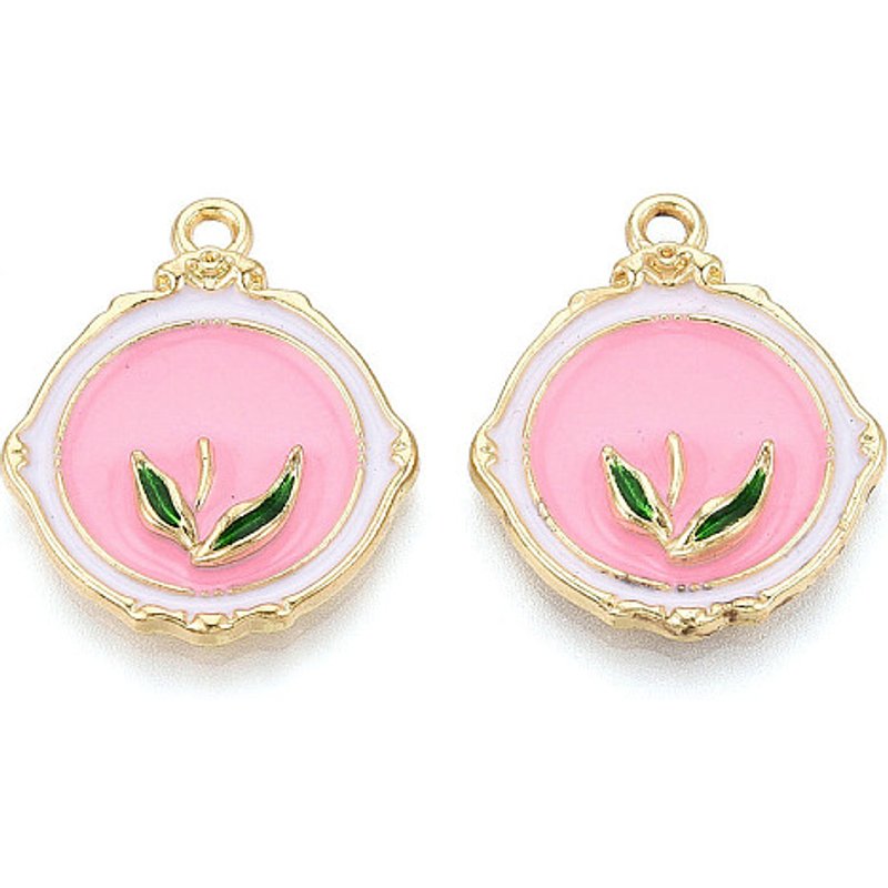 Pendentifs en Émail en Alliage de Placage Rack - Rond Plat & Feuille - Or Clair — Breloques et pendentifs