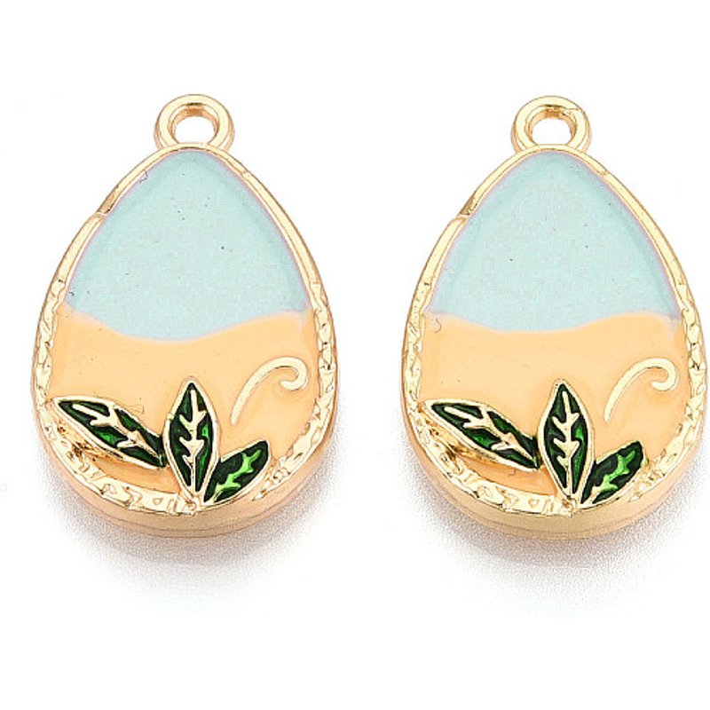 Pendentifs en Émail en Alliage de Plaquage Rack - Goutte & Feuille, Or Clair, Turquoise Pâle — Breloques et pendentifs