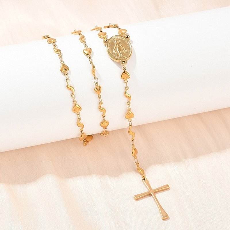 Collier de chapelet en acier inoxydable 201 avec pendentif croix vierge — Collier pendentif