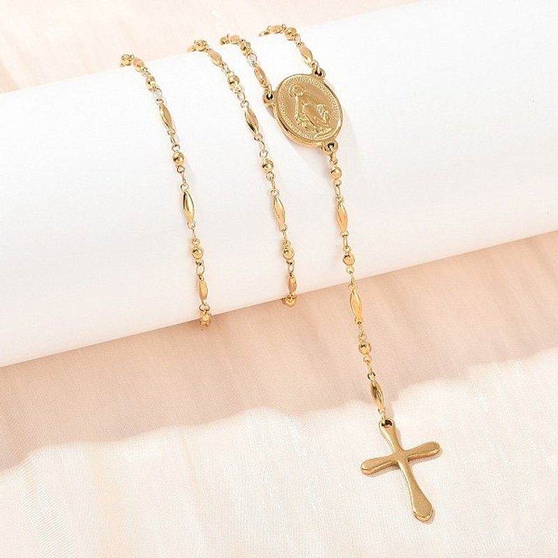Collier de perles de chapelet en acier inoxydable 201 avec pendentif croix vierge — Collier pendentif