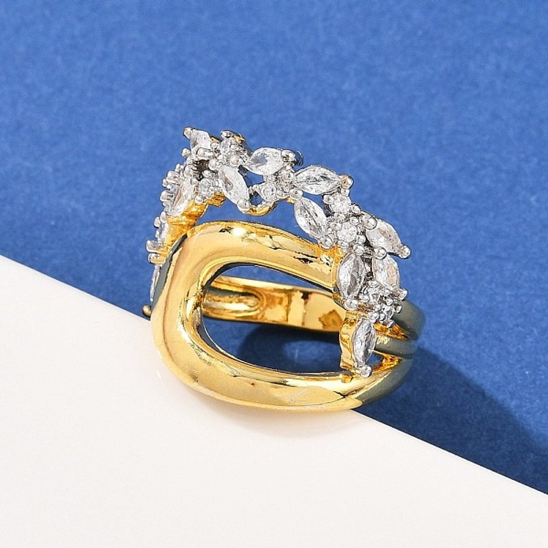 Brass Micro Pave Cubic Zirconia Cuff Ring for Women, Adjustable — Costume Jewelry
