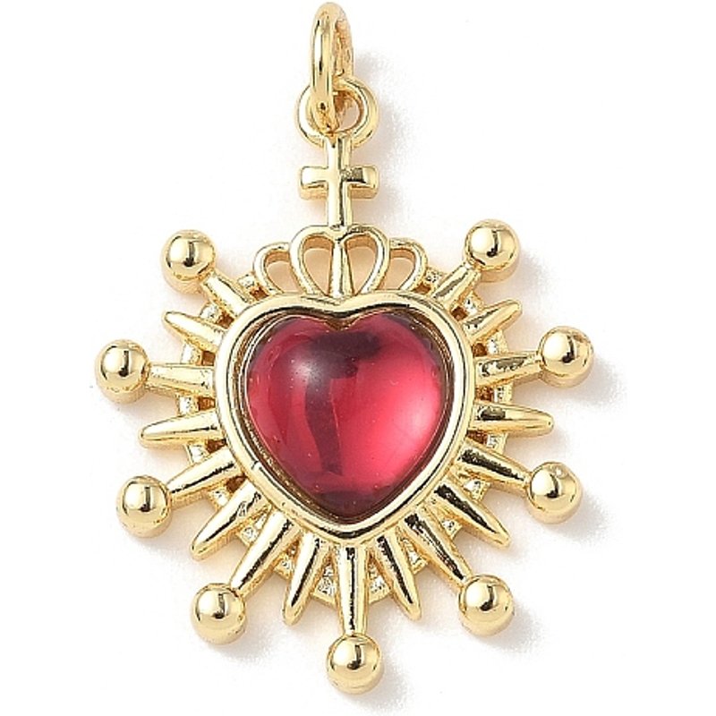 Heart Brass Pendant with Resin, 18K Gold Plated, Medium Violet Red — Charms & Pendants