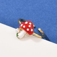 Brass ABS Plastic Pearl Cuff Rings for Women - Red Mushroom Design