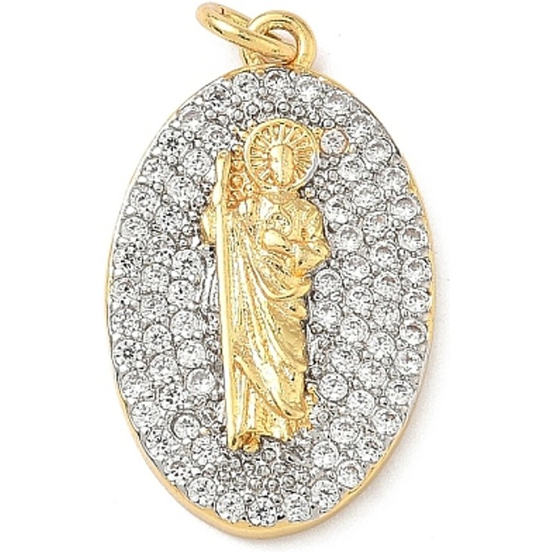 Brass Micro Pave Cubic Zirconia Oval Pendant with Saint Jude — Charms & Pendants