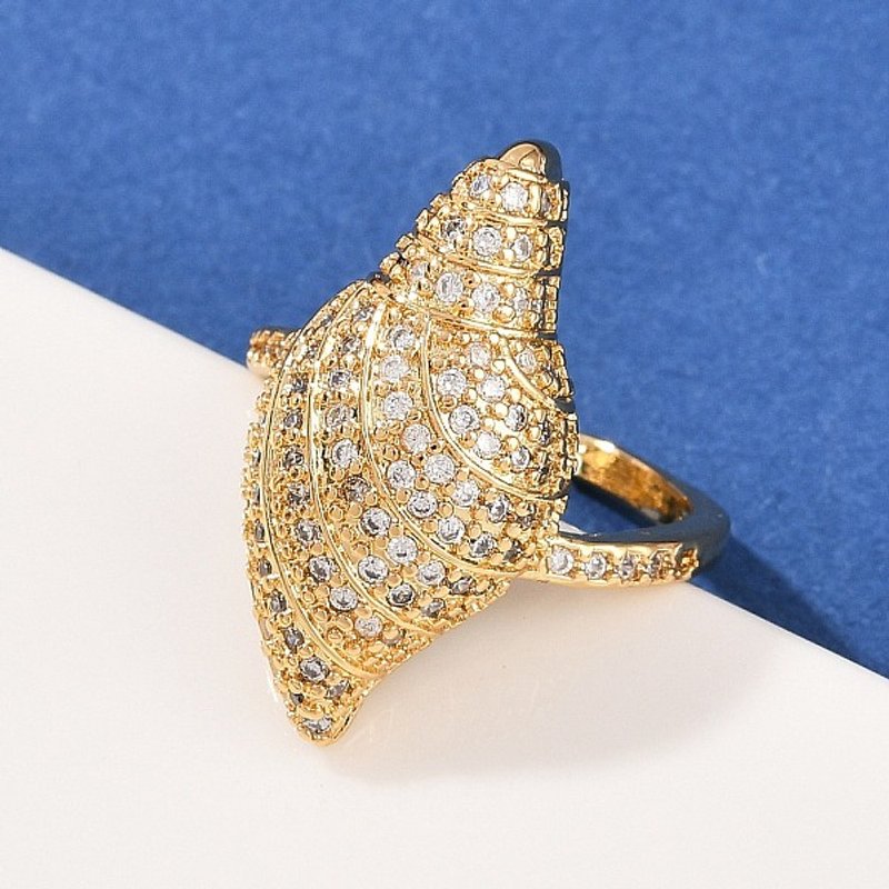 Brass Micro Pave Cubic Zirconia Shell Cuff Rings for Women — Costume Jewelry