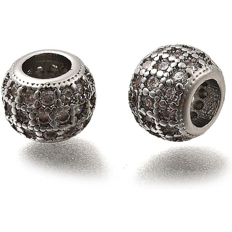 Brass Micro Pave Cubic Zirconia Rondelle Beads, Platinum, 7.5x5.5mm