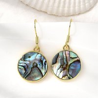 Brass Natural Paua Shell Dangle Earrings, 18K Gold Plated — Costume Jewelry