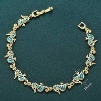 Bracelet en Lien de Chaîne avec Émaillage Turquoise et Hippocampe, Plaqué Or 18K — Bracelet Femme