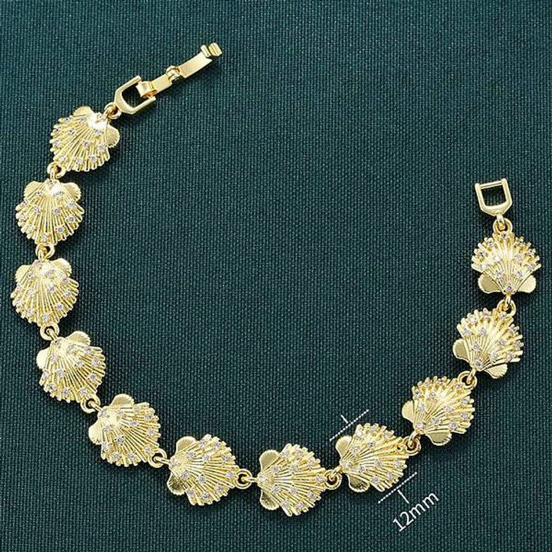 Brass Micro Pave Cubic Zirconia Shell Link Chain Bracelet 18K Gold Plated — Bracelet Women