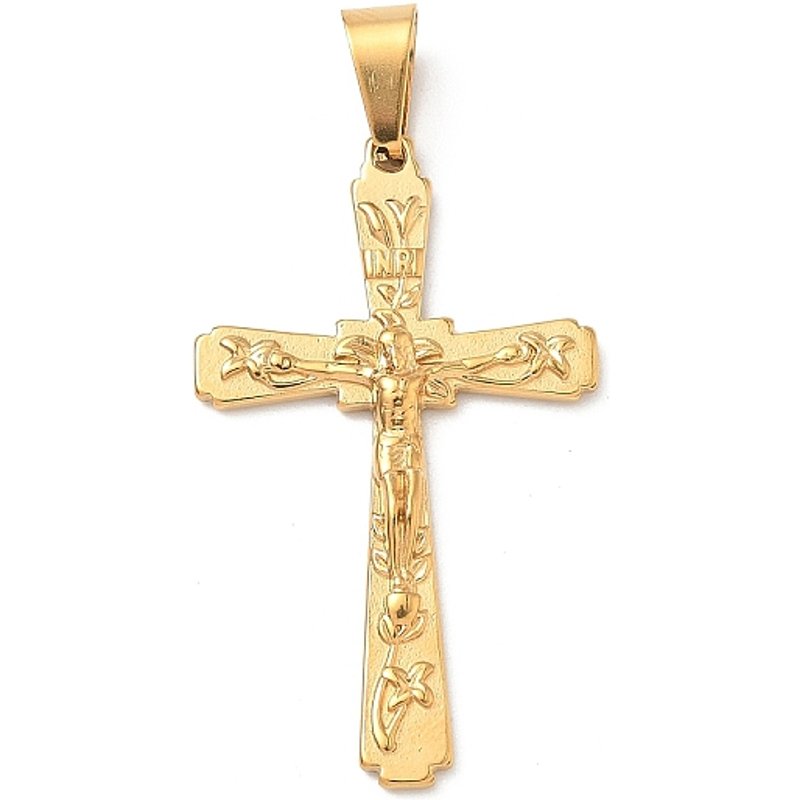 Pendentif en Acier Inoxydable 304 avec Croix, Jésus-Christ et Fleur — Breloques et pendentifs
