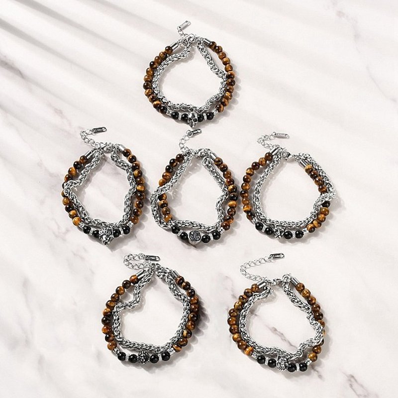 Bracelets à Double Brin en Chaîne de Blé en Acier Inoxydable 304 avec Oeil de Tigre et Obsidienne — Bracelet Femme