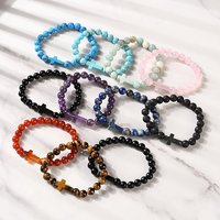 Mixed Gemstone Cross & Round Beaded Stretch Bracelet — Bracelet Women