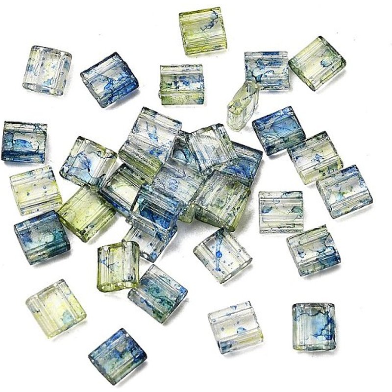 2-Hole Transparent Glass Seed Beads, Antique Style, Square, Blue