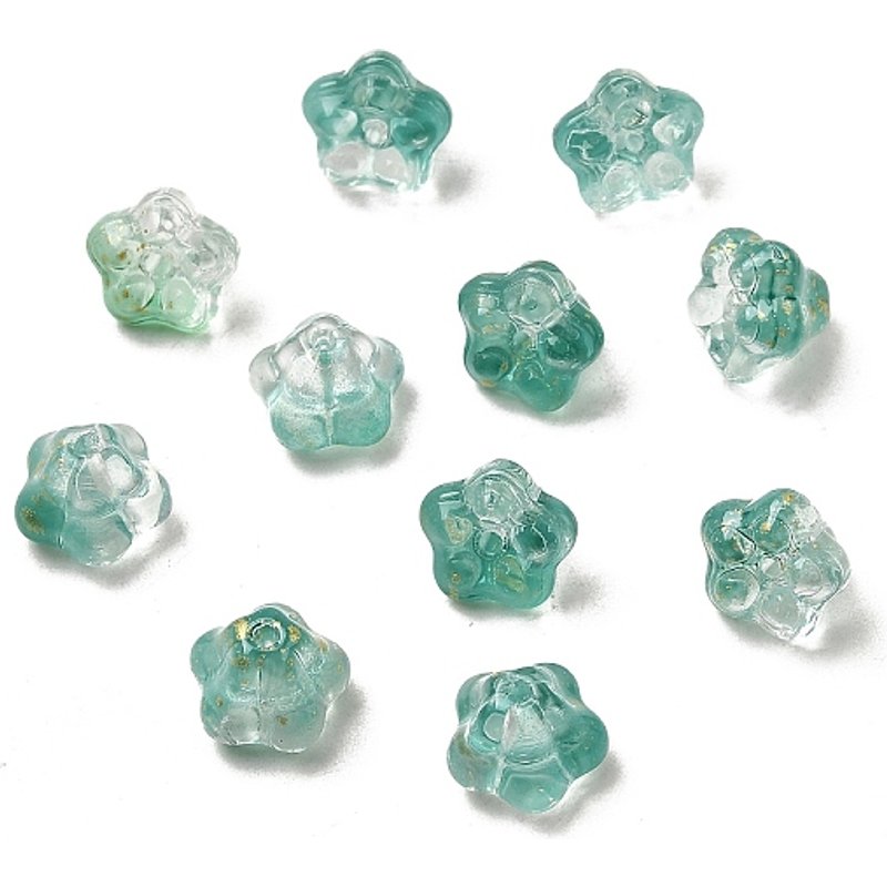 Transparent Glass Beads, Petunia, Green with Glitter Powder