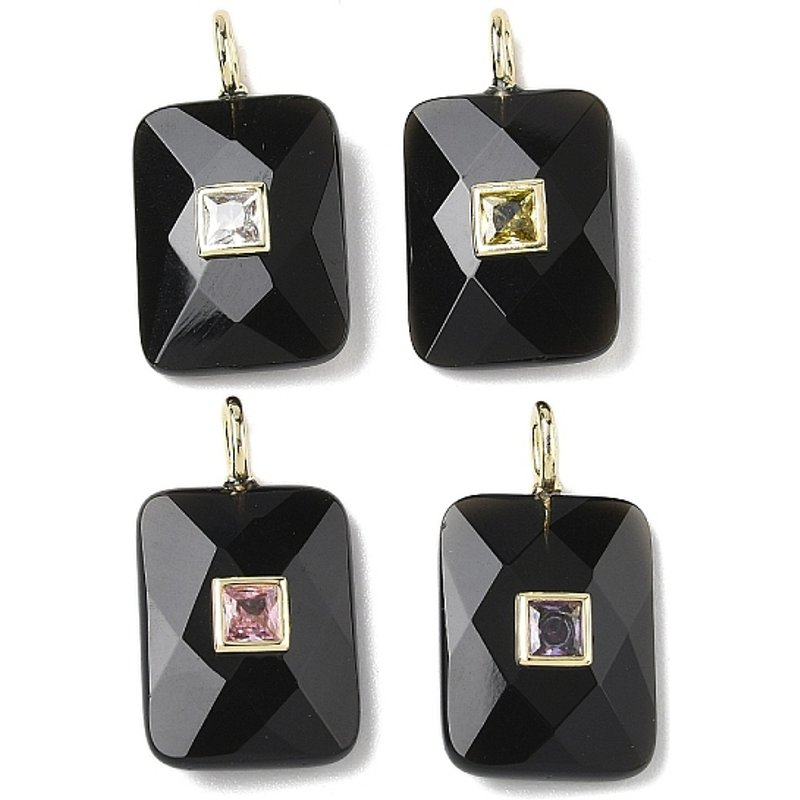 Natural Obsidian Faceted Rectangle Charms with Brass Findings — Charms & Pendants
