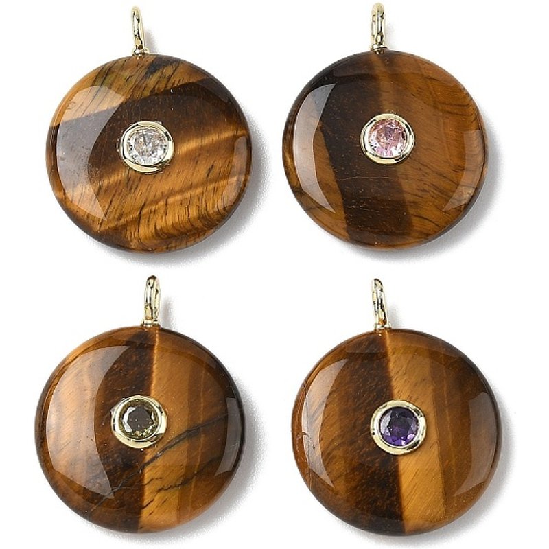 Pendentifs en Œil de Tigre Ronds avec Micro Pave en Laiton — Breloques et pendentifs