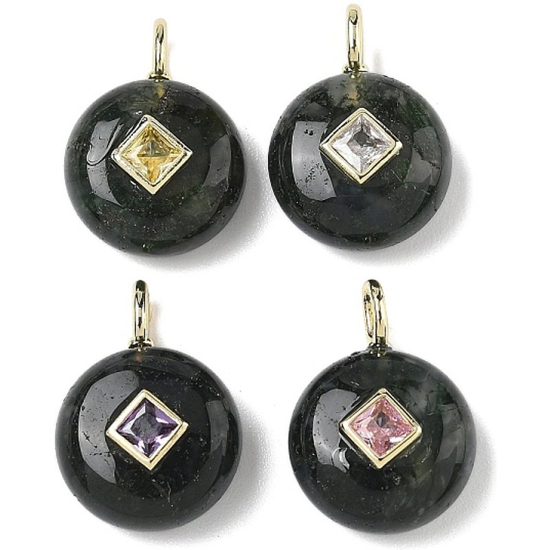Natural Moss Agate Pendants with Brass Micro Pave Findings