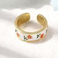 Brass Enamel Cuff Ring with Flower Design, 18K Gold Plated, Orange