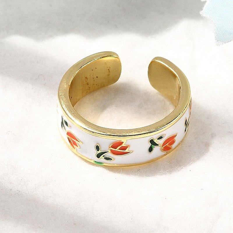 Brass Enamel Cuff Ring with Flower Design, 18K Gold Plated, Orange — Costume Jewelry