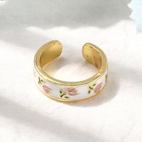 Bague Cuff en Laiton Émaillé, Design Fleur, Plaqué Or 18K, Rose — Bijoux fantaisie