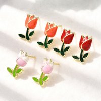 Brass Enamel Flower Stud Earrings - 18K Gold Plated, Mixed Colors