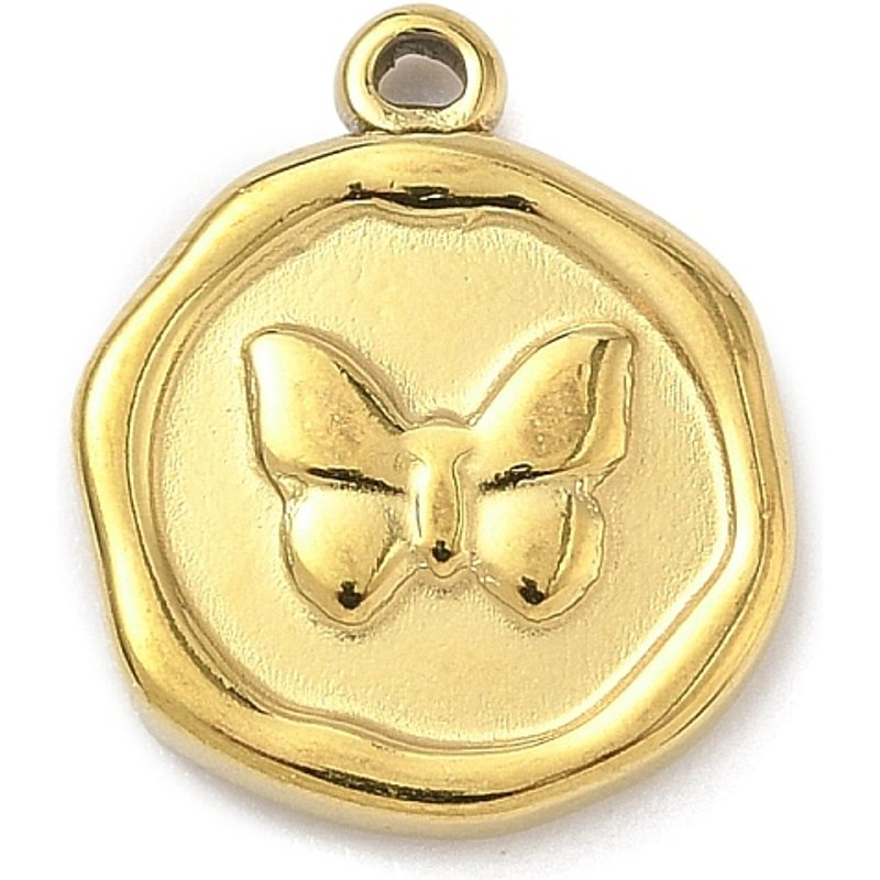 Pendentif Papillon en Acier Inoxydable 304, Rond Plat, Or, 16x13mm