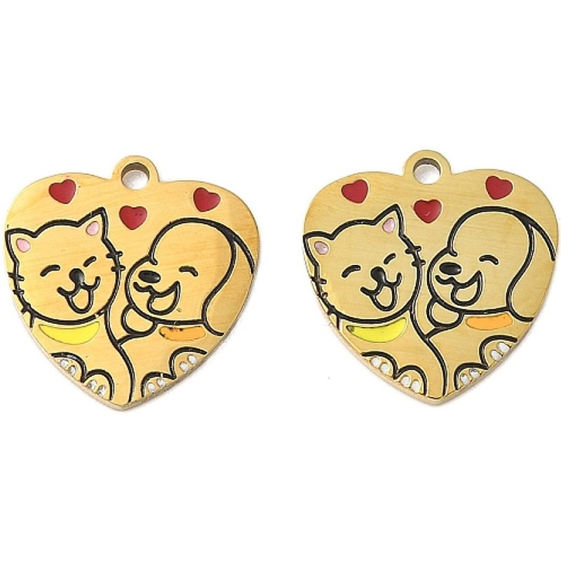 304 Stainless Steel Enamel Heart Pendant with Cat and Dog Pattern — Charms & Pendants