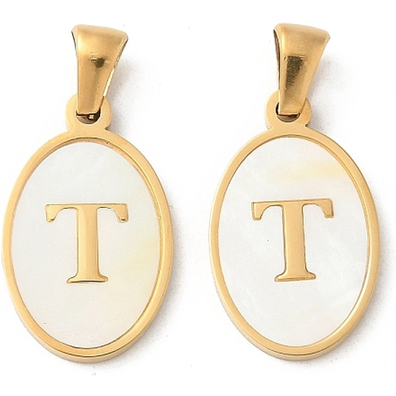 Natural Shell Oval Initial Pendant with 18K Gold Plating, Letter T — Charms & Pendants