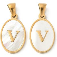 Natural Shell Oval Initial Pendant V in 18K Gold Plated Setting — Charms & Pendants