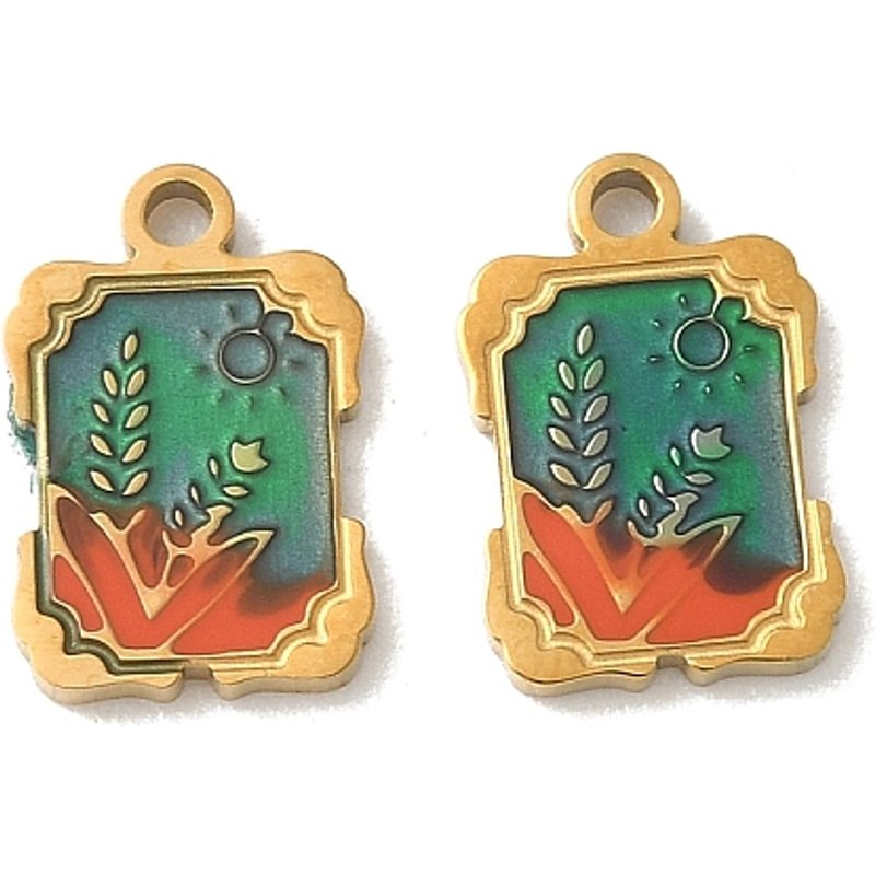 Pendentifs en Acier Inoxydable 304 Émaillé, Charms Rectangulaires avec Fleurs, Plaqué Or 18K — Breloques et pendentifs