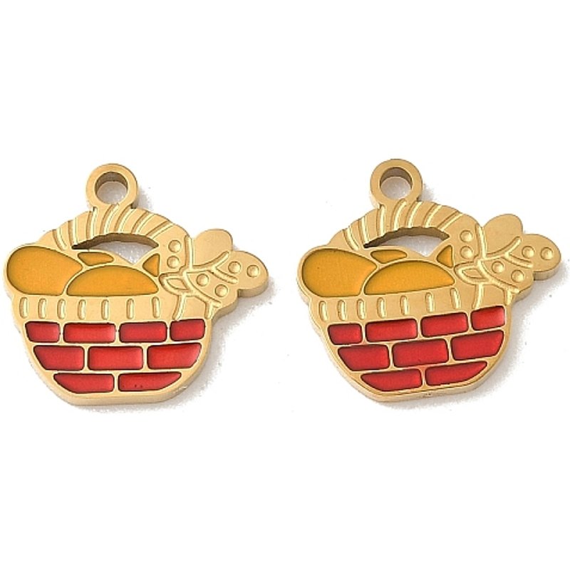 304 Stainless Steel Enamel Basket Charms with 18K Gold Plating — Charms & Pendants