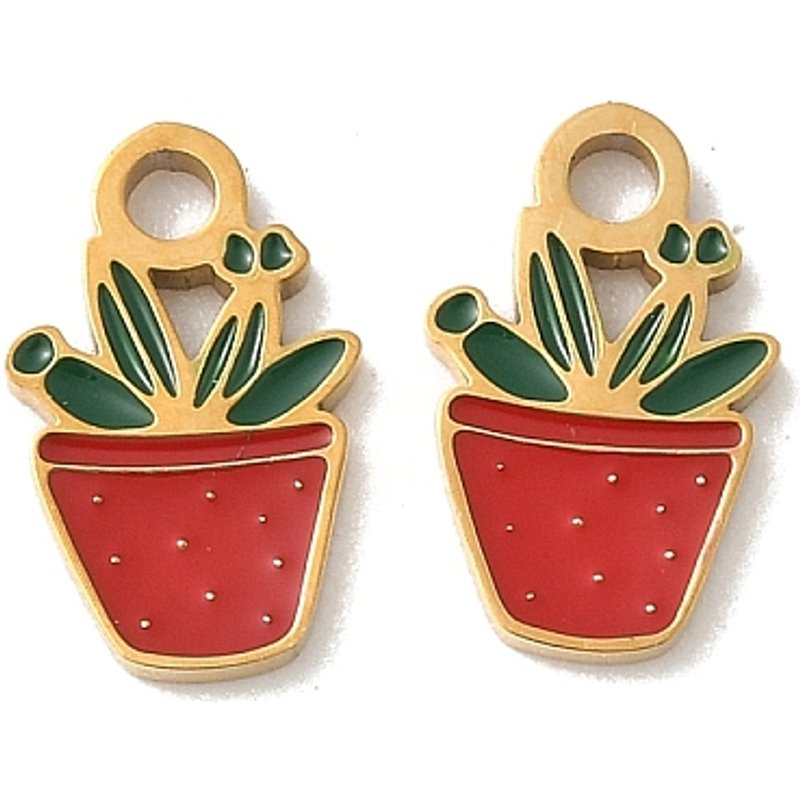 Charms en Émail en Acier Inoxydable 304, Plantes en Pot, Plaqué Or 18K — Breloques et pendentifs