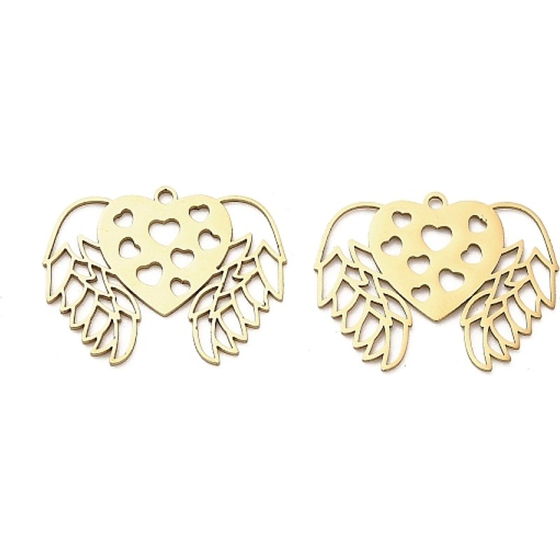 201 Stainless Steel Wing & Heart Charm Pendant, Golden