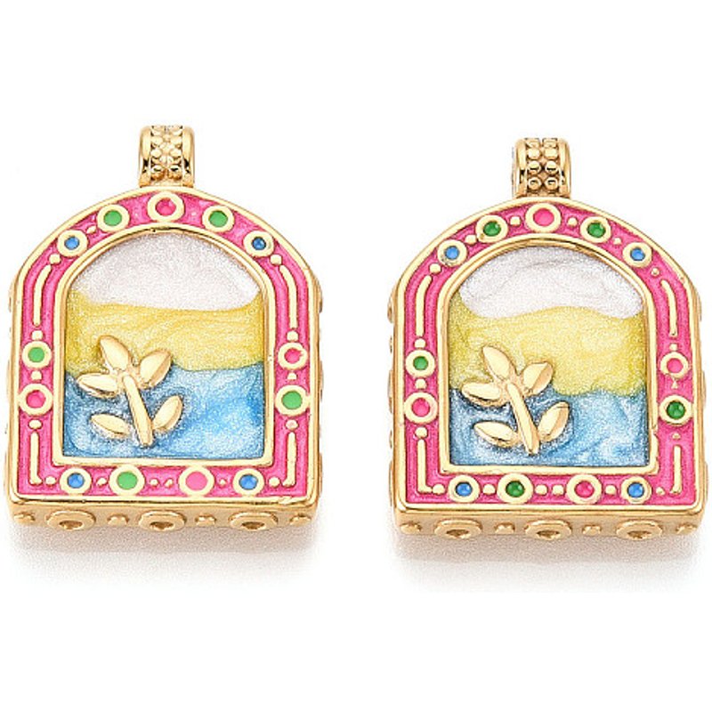 Pendentif en Émail en Acier Inoxydable 304, Arche avec Fleur, Rose Foncé — Breloques et pendentifs