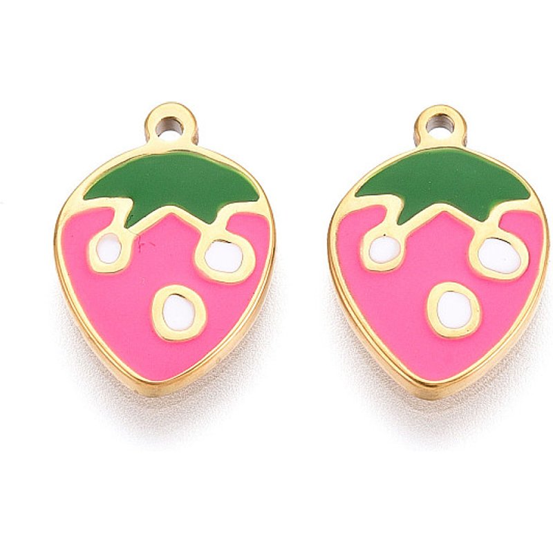 304 Stainless Steel Strawberry Enamel Pendant, 18K Gold Plated — Charms & Pendants