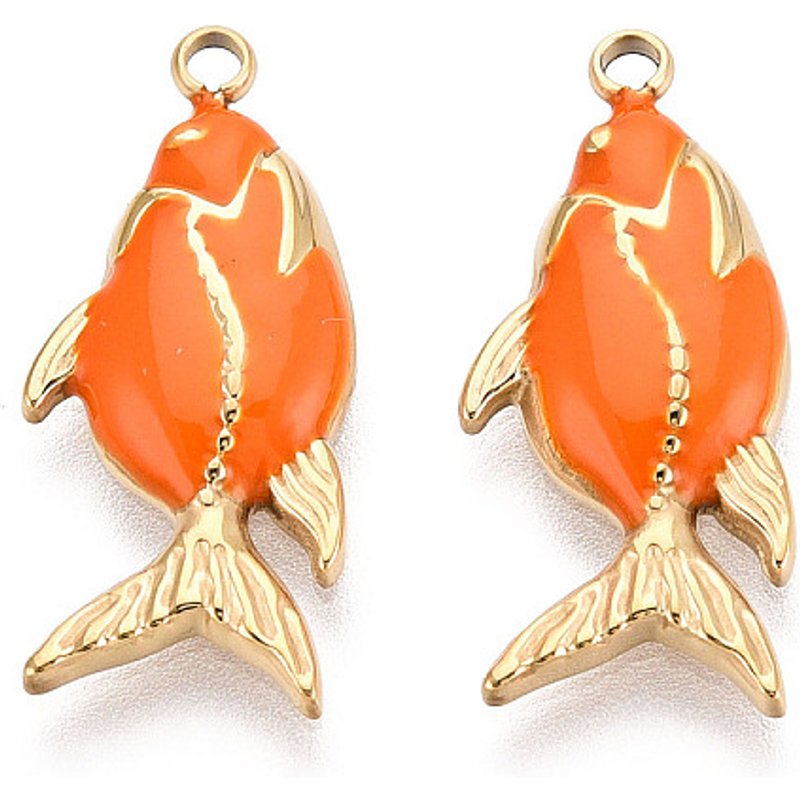 Pendentif en Émail de Poisson en Acier Inoxydable 304, Plaqué Or 18K, Orange Foncé — Breloques et pendentifs