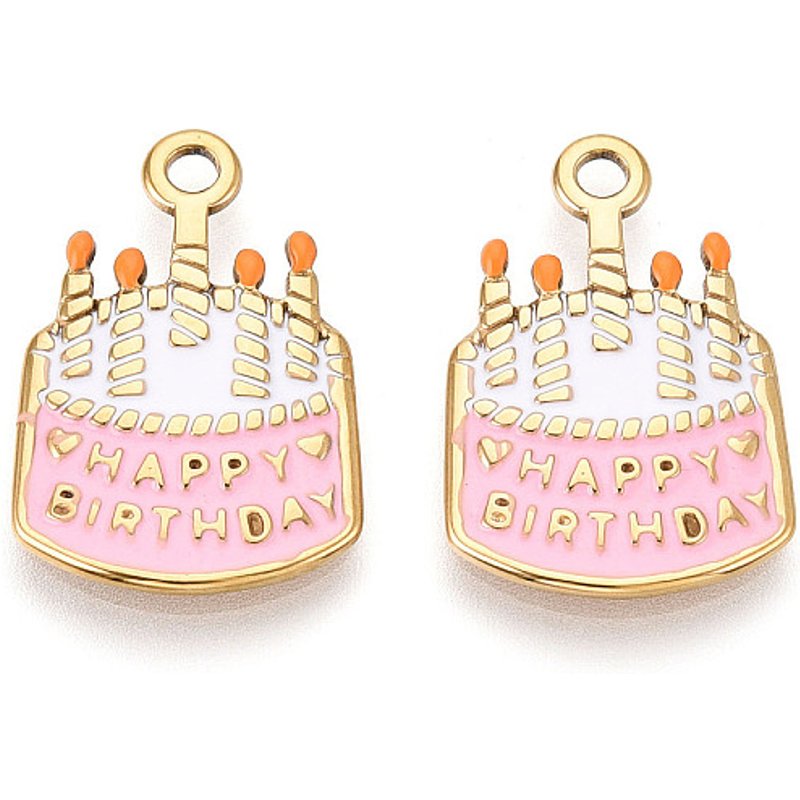 304 Stainless Steel Enamel Birthday Cake Pendant, 18K Gold Plated — Charms & Pendants