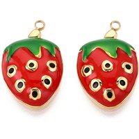304 Stainless Steel Strawberry Enamel Pendant, 18K Gold Plated