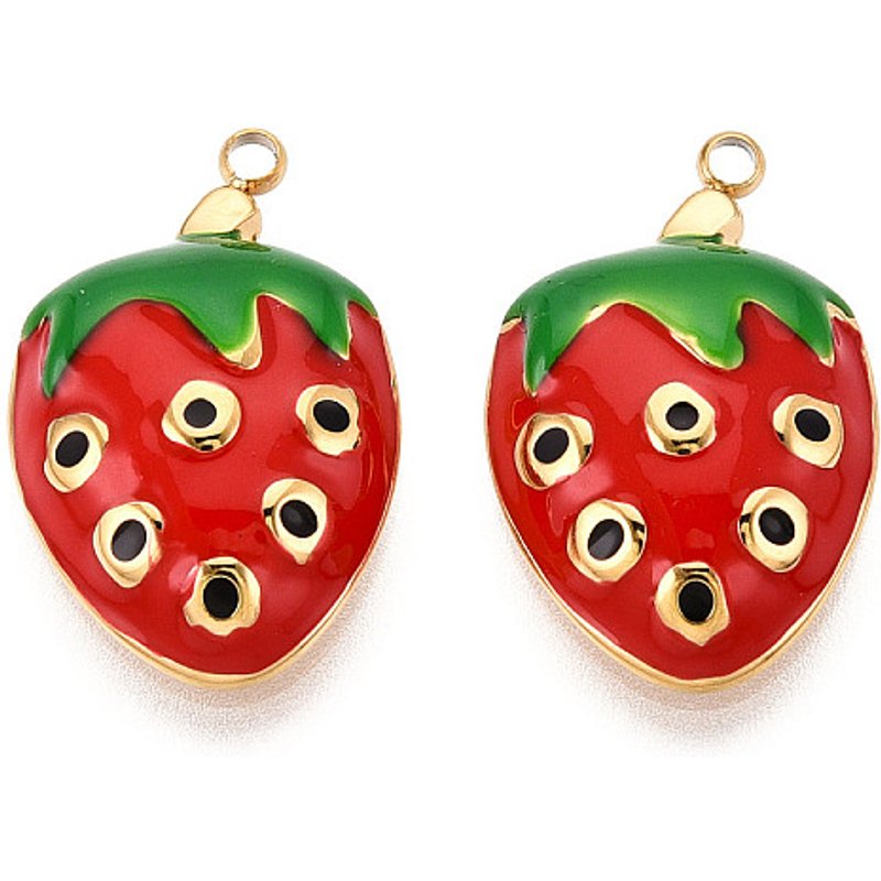 Pendentif en Émail en Acier Inoxydable 304, Fraise, Plaqué Or 18K — Breloques et pendentifs