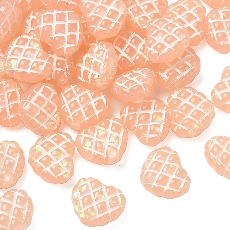 Translucent Resin Heart Beads with Tartan and Hologram, Light Salmon — Jewelry Beads