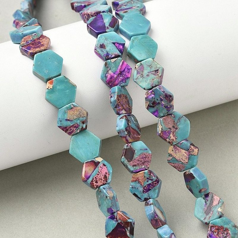 Fil de perles en jaspe impérial synthétique teinté, hexagonal, violet — Perles à bijoux
