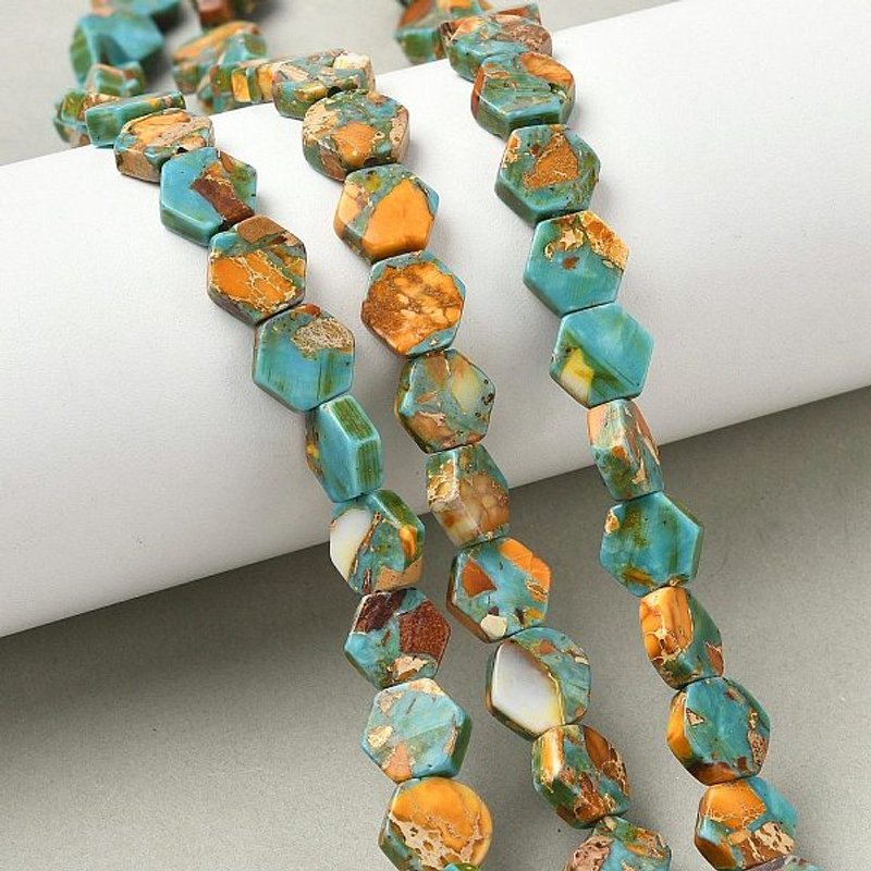 Brins de perles en jaspe impérial synthétique teinté, hexagonales, jaunes — Perles à bijoux
