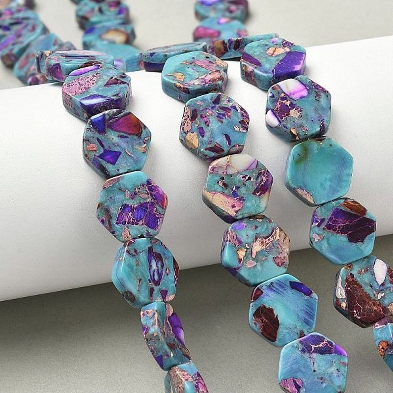 Brins de perles en jaspe impérial synthétique teinté, hexagonal, violet