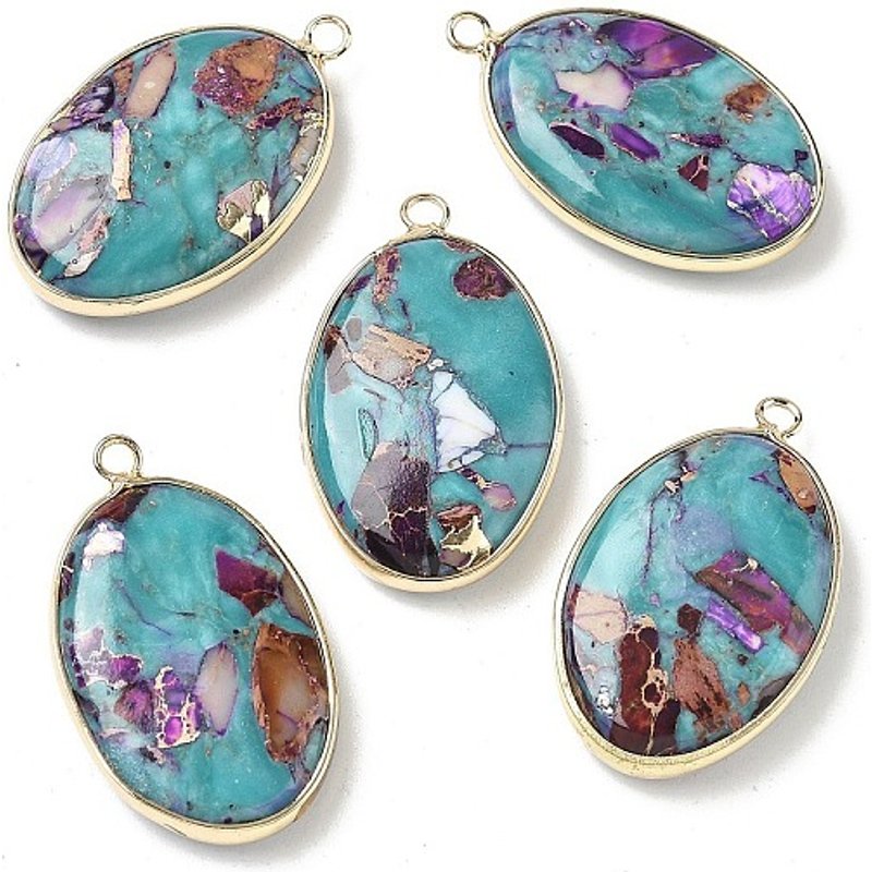 Dyed Synthetic Imperial Jasper Oval Charms with Brass Settings — Charms & Pendants