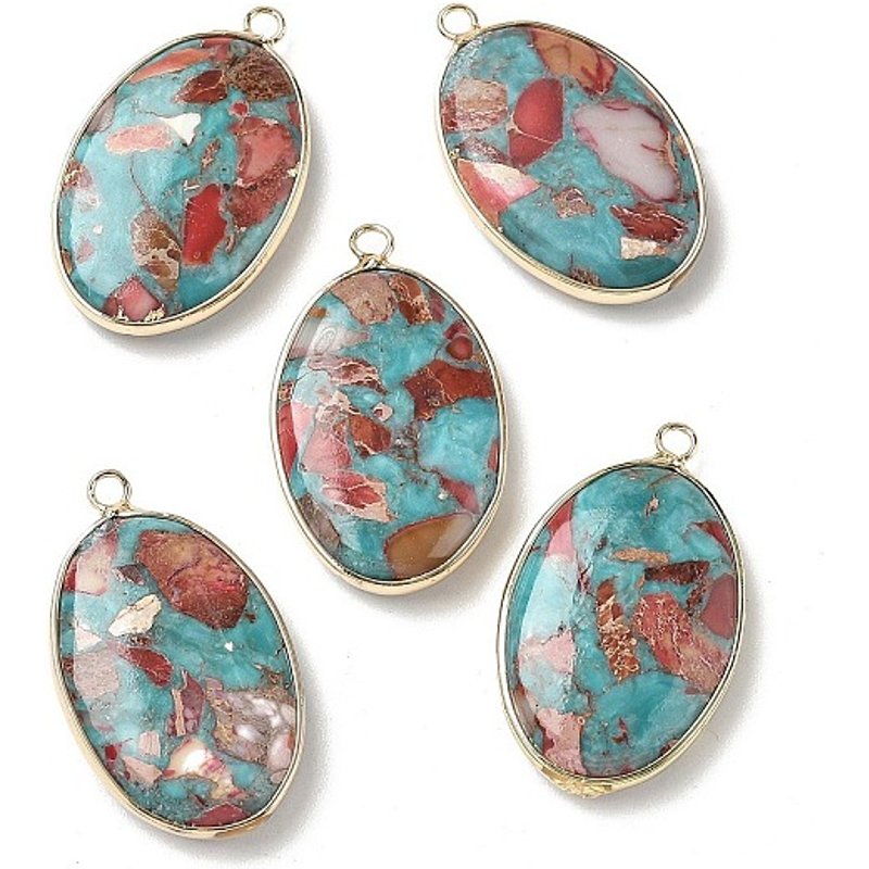 Dyed Synthetic Imperial Jasper Oval Charms with Brass Settings — Charms & Pendants