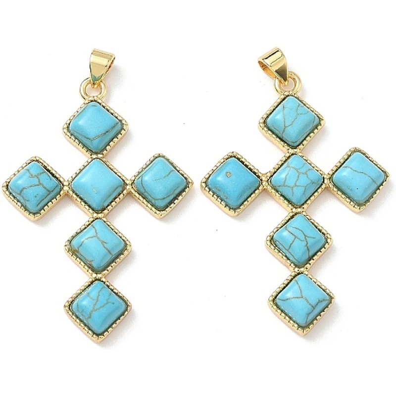Dyed Synthetic Turquoise Rhombus Cross Pendant with Brass Setting — Charms & Pendants